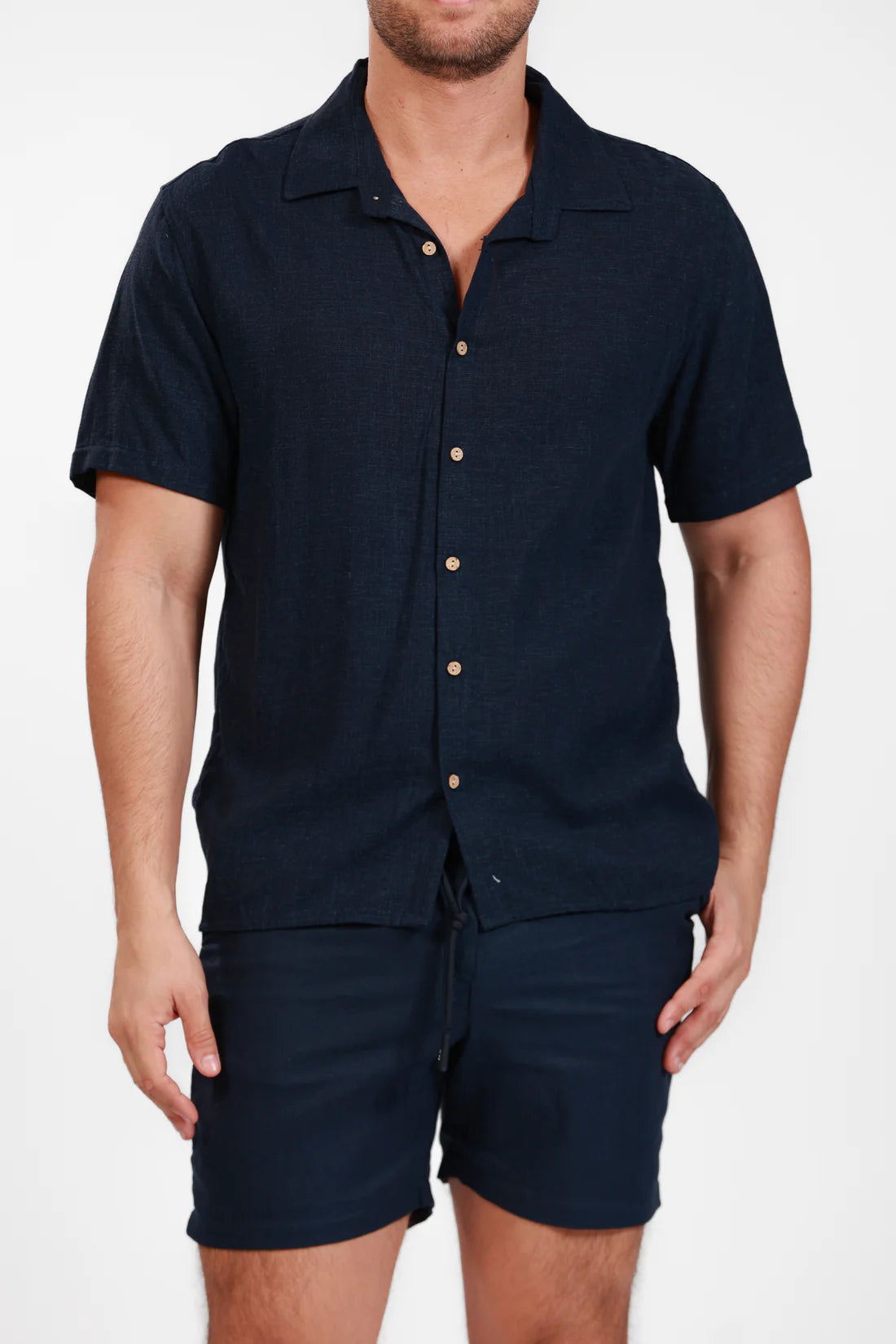 NAVY LINEN SHORT SLEEVE BUTTON DOWN SHIRT