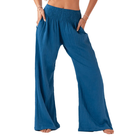 Cobalt Wide Leg Cotton Pants with Pockets
