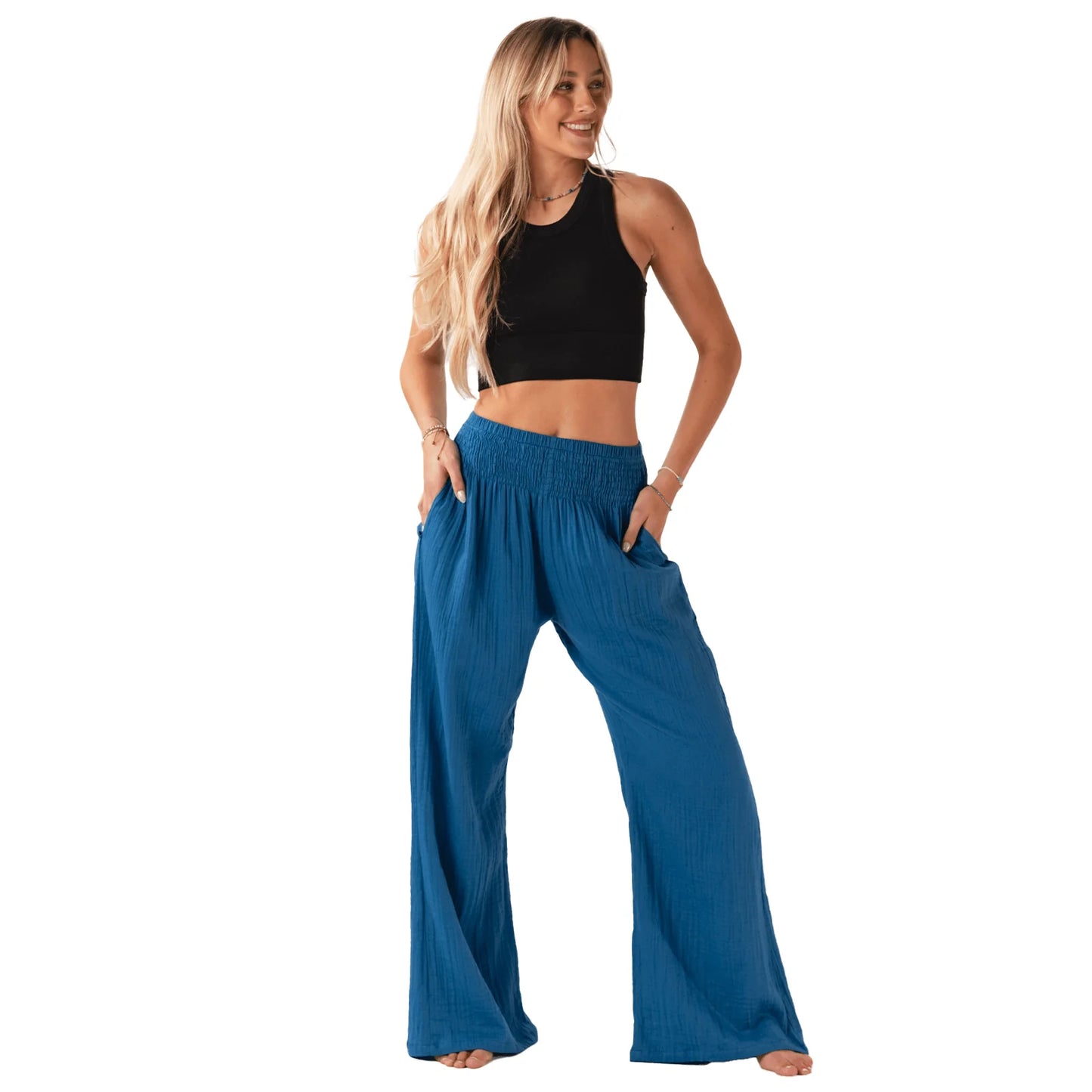 Cobalt Wide Leg Cotton Pants with Pockets