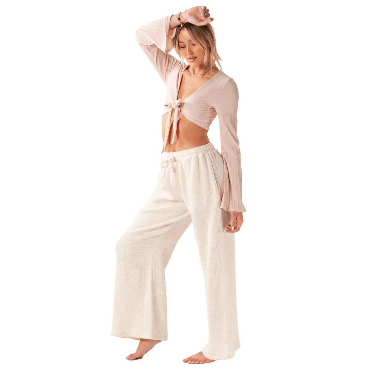 Wide Leg Cotton Drawstring Pants with Pockets