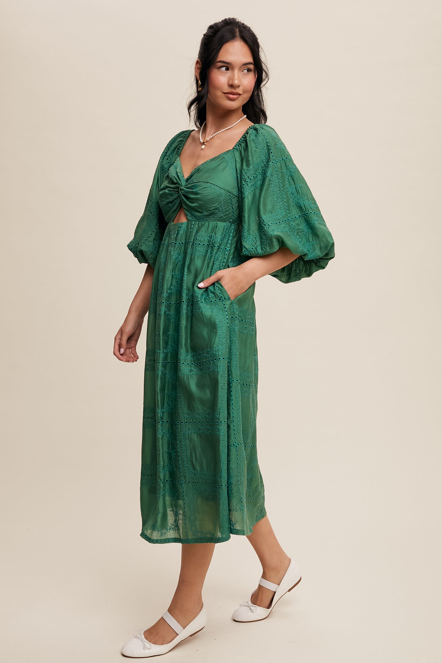 Puff Sleeve Eyelet Midi Dress