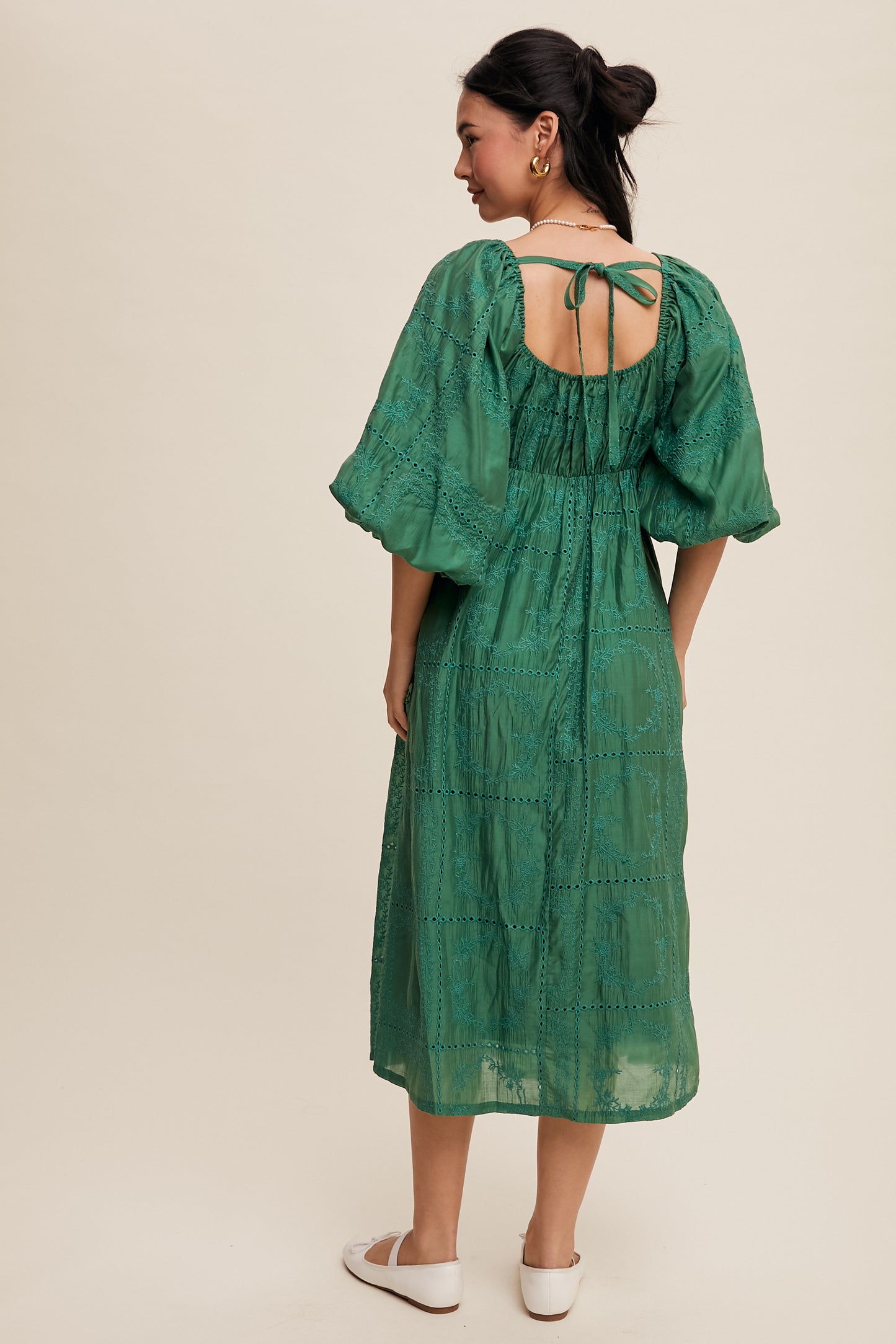 Puff Sleeve Eyelet Midi Dress