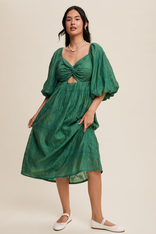 Puff Sleeve Eyelet Midi Dress